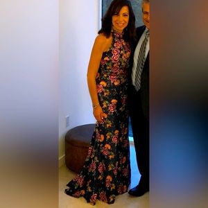 Jovani Floral Maxi Dress - Black and Pink